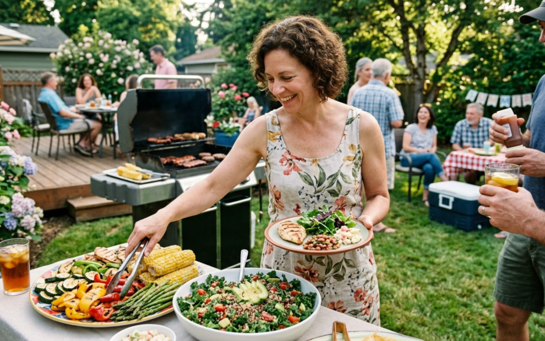 Woman enjoying a BBQ while choosing healthy foods and maintaining balance during summer
